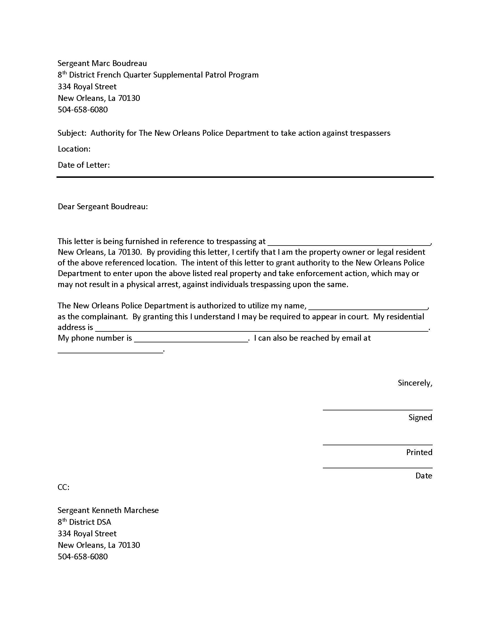 New Orleans Police Department Eighth District French Quarter Trespass Letter authorizing removal of trespassers and loiters from private property.