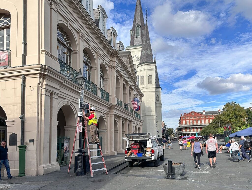 Surveillance camera being installed on Jackson Square November 2023 by Ellis Anderson